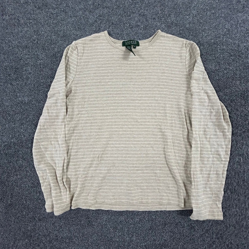 Lauren Ralph Lauren Shirt Womens Size M Tan White Striped Long Sleeve Cotton USA